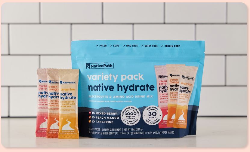 NativePath Native Hydrate variety pack bag with Mixed Berry, Peach Mango and Tangerine stick electrolytes