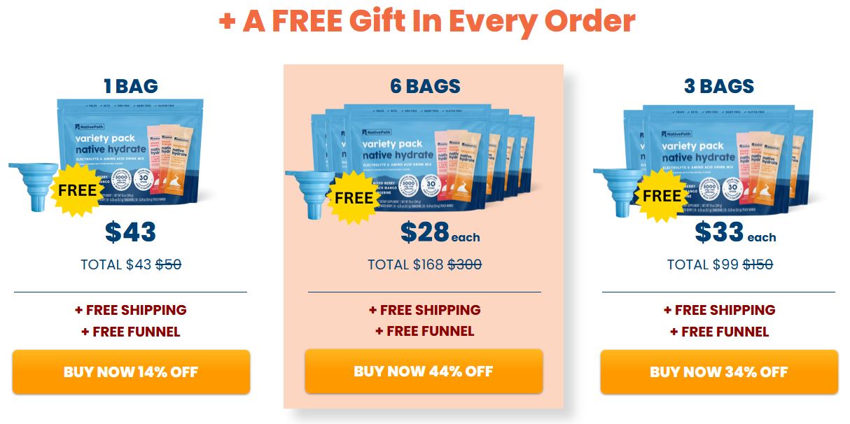 NativePath Native Hydrate pricing: 1 bag, 3 bags and 6 bags with free funnel