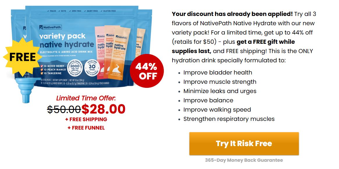NativePath Native Hydrate limited time offer, 44% off with free shipping and free funnel