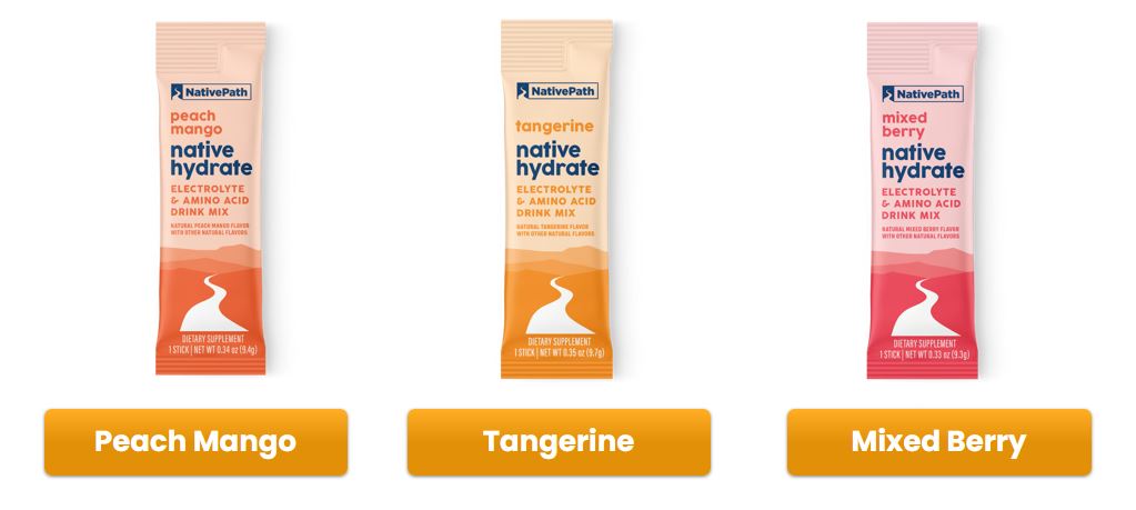 Native Hydrate stick electrolytes in Peach Mango, Tangerine and Mixed Berry flavors